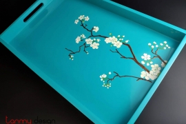 rectangular lacquer tray with hand  painted white apricot blossom  28*45cm